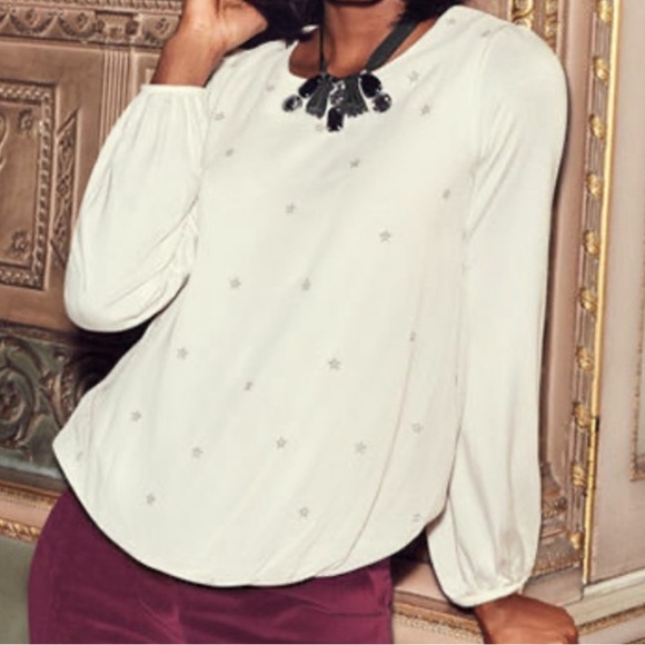 Boden Tops - Boden Tori Embroidered Top Metallic Silver Stars Size 8 Bubble Sleeves